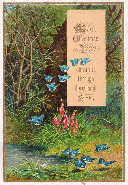 Flock of blue tits in summer scene on a Christmas card