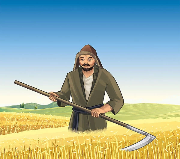 Kazakh man cutting hay with a scythe