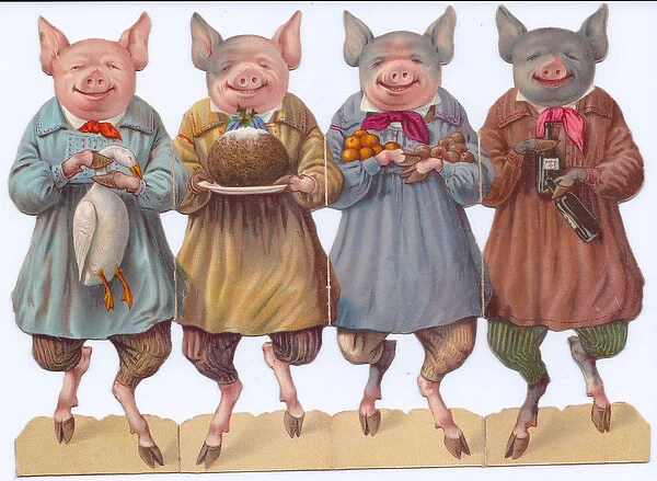 Four pigs with festive food on a cutout Christmas card