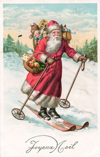 Santa Claus on skis on a French Christmas postcard