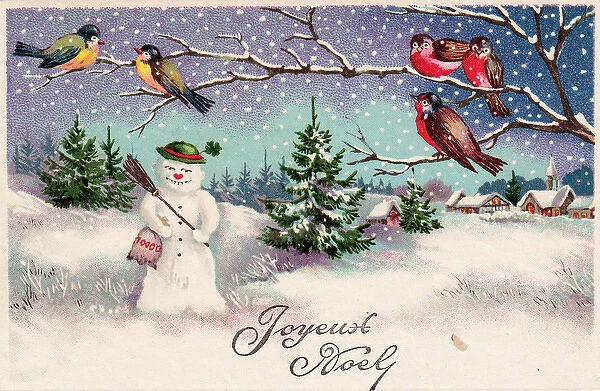 Snowman with birds on a French Christmas postcard