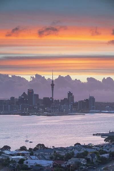 View of Auckland and Devonport at sunset, Auckland, North Island, New Zealand, Pacific