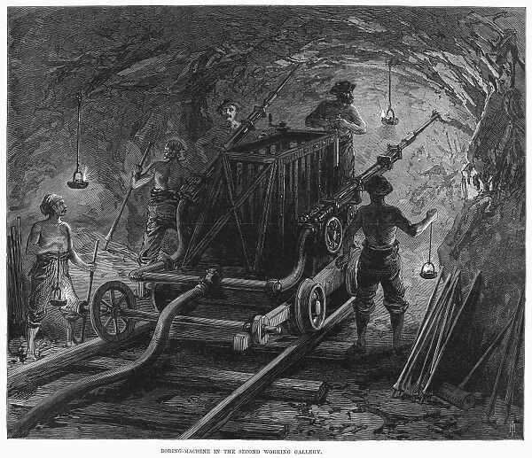 MONT CENIS TUNNEL, 1869. Men with boring machine working on the Mont Cenis railway tunnel in the Alps between France and Italy. Wood engraving, English, 1869