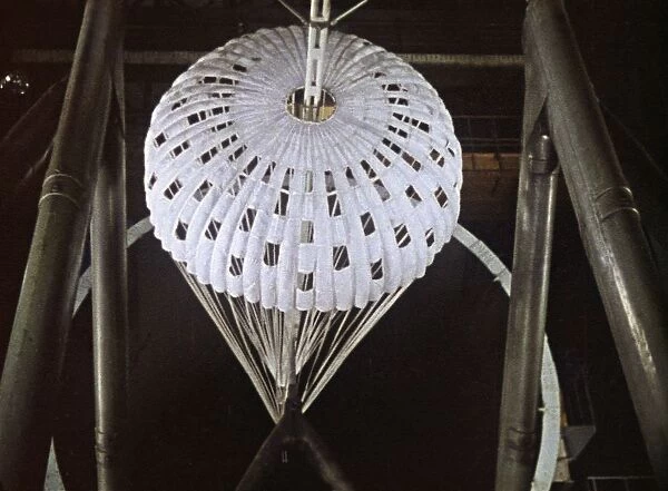 Parachute for soviet space probe venera 5 or 6 being tested in a wind tunnel, this is a still from the film the storming of venus, produced by e, kuzis at the tsentrnauchfilm central scientific film studio, released on may 17, 1969