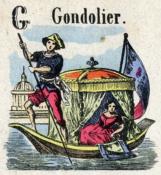 Abecedary. Letter G like Gondolier. An aristocratic woman walks in a gondola under a