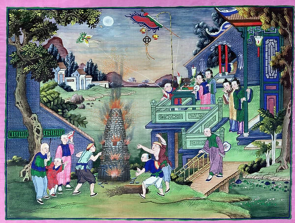 Celebration with Fireworks and Kites (painted textile)