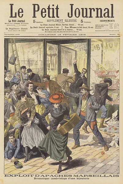 Dramatic robbery of a jewellery shop in Marseilles (colour litho)