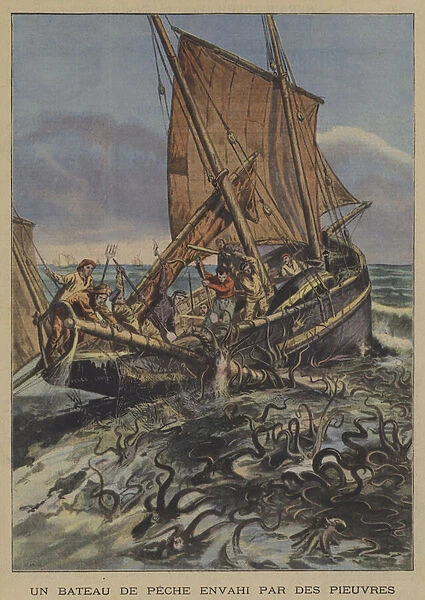 A fishing boat attacked by octopus (colour litho)