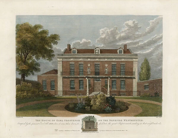 House of the Earl Grosvenor on the Bankside, Westminster. Taken down in 1809 (coloured engraving)