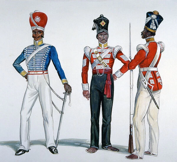 Indian Sepoy Uniforms at the time of the Indian Mutiny in 1857-58 (colour litho)