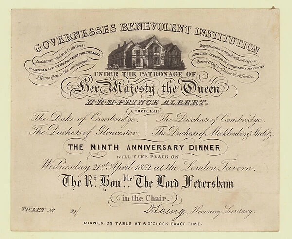 Invitation to the Governesses Benevolent Institution Dinner, 21 April 1852, London Tavern (engraving)