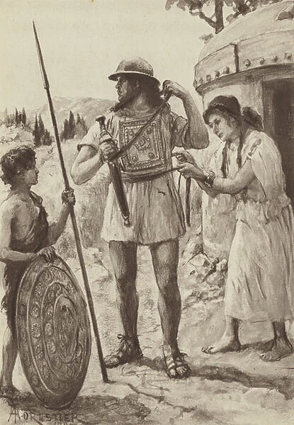 An Italic Farmer of the Bronze age arming for Battle (litho)