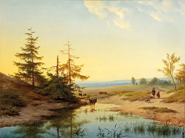 A moorland with figures and cattle by a pond (oil on panel)