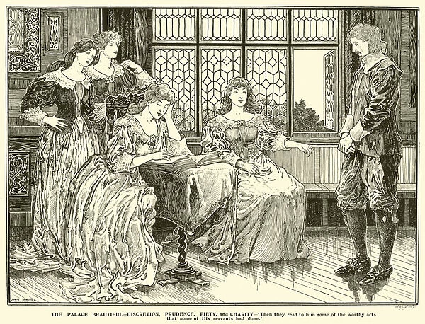 The Palace Beautiful, Discretion, Prudence, Piety, and Charity (engraving)