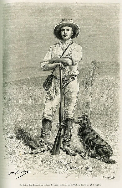 Portrait of the traveller author Carl Lumholtz. Engraving by G