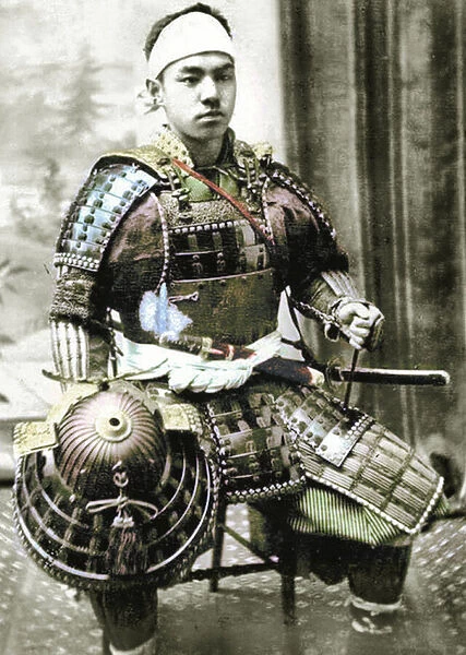 Samurai of Old Japan armed with full body armour, c. 1880 (hand coloured albumen photo)
