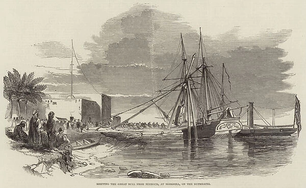 Shipping the Great Bull from Nimroud, at Morghill, on the Euphrates (engraving)