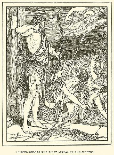 Ulysses Shoots the First Arrow at the Wooers (engraving)
