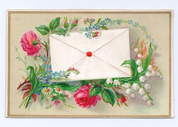 A Victorian greeting card of an envelope surrounded by flowers, c. 1880 (colour litho)