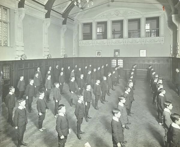 Boys lined up in the assembly hall, Beaufoy Institute, London, 1911