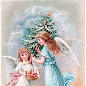 Angels with tree and fruit on a German Christmas postcard