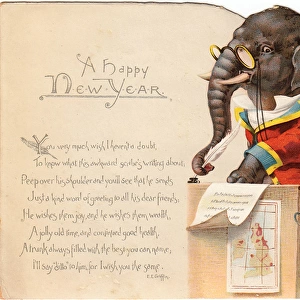Elephant writing a greeting on a New Year card