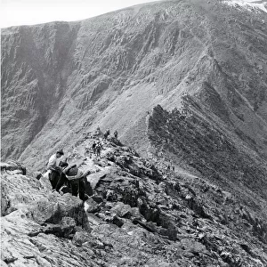 Fell walkers on Striding Edge leading to Helvellyn, Lake Dis