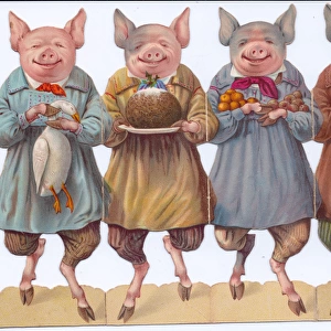 Four pigs with festive food on a cutout Christmas card
