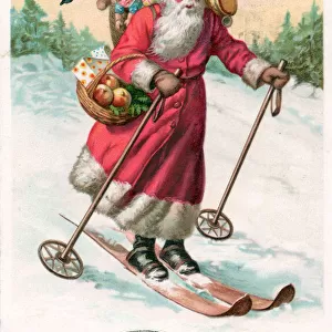 Santa Claus on skis on a French Christmas postcard
