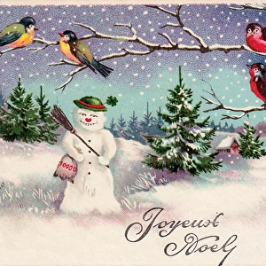 Snowman with birds on a French Christmas postcard