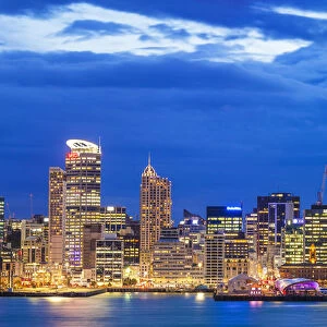Auckland skyline, Sky Tower, Waitemata Harbour, Central Business District, and wharf area of the waterfront