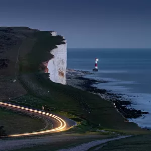 Beachy Head Lighthouse and Beachy Head at night, near Eastbourne, South Downs National Park, East Sussex, England, United Kingdom, Europe