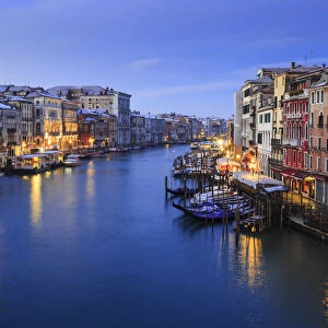 Grand Canal from Rialto Bridge after overnight snow, dawn blue hour, Venice, UNESCO