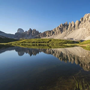 Reflection of Mount Paterno, Croda dei Piani and Croda di Toni on Piani Lakes in summer