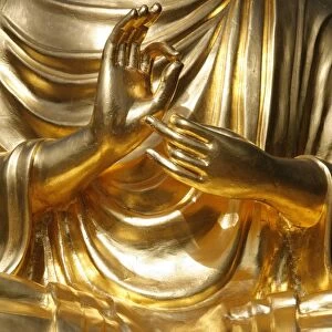 Detail of the teaching mudra on the sitting Buddha statue, Sainte-Foy-Les-Lyon