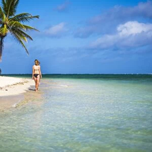 Woman walking along a tropical beach, Rarotonga Island, Cook Islands, South Pacific