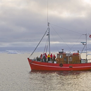 Tourist boat trips sail through Icebergs from the Jacobshavn glacier or Sermeq Kujalleq drains 7% of the Greenland ice sheet and is the largest glacier outside of Antarctica. It calves enough ice in one day to supply New York with water for one