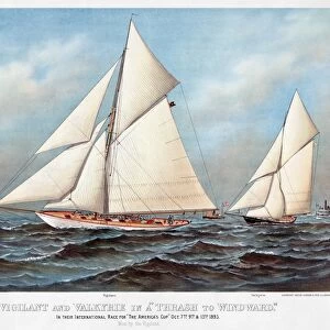 AMERICAs CUP, 1883. The American winner, Vigilant with the British challenger Valkyrie in the eighth international race for the Americas Cup on October 7th, 9th & 13th, 1883. Color lithograph by Currier & Ives, c1883