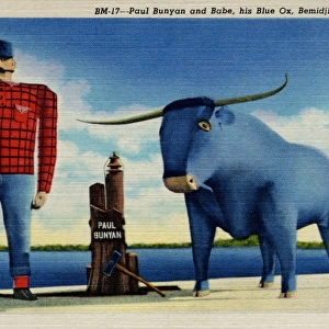 Paul Bunyan with Babe, the Blue Ox. ca. 1948, Bemidji, Minnesota, USA, PAUL BUNYAN AND BABE, HIS BLUE OX, BEMIDJI, MINNESOTA. These huge figures of steel and concrete built on the shore of Lake Bemidji are emblematical and the days of the early lumberjack who originated lumbercamp whoppers of Paul and Babe that have been handed down for generation. These stories, never heard outside the haunts of the lumberjack until recent years, are declared by some literary authorities to be the only true American myth