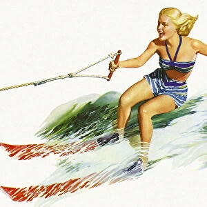 Colorful sketch of woman waterskiing