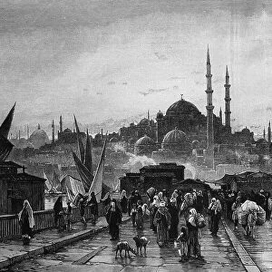 Evening on the Bosphorus Bridge in Istanbul, Turkey, c. 1890, digitally restored reproduction of an original 19th-century painting