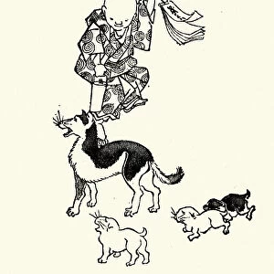 Japanese Art, Sketch of a man and his dogs