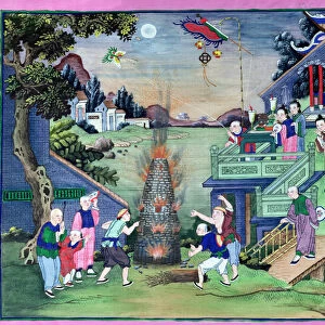 Celebration with Fireworks and Kites (painted textile)