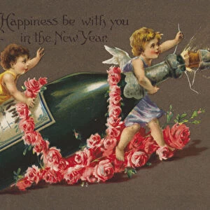 Cherubs popping the cork of a bottle of champagne, New Year greetings card (chromolitho)