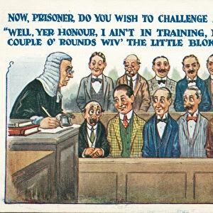 Defendant in court misunderstanding a question from the judge about challenging the composition of the jury (colour litho)