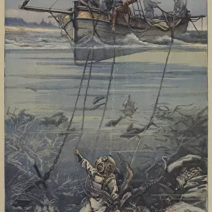 A diver attacked by an octopus (colour litho)