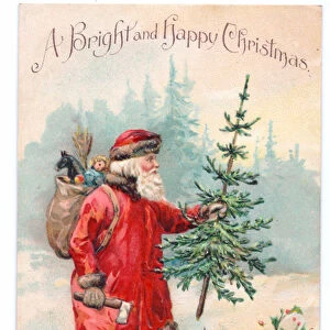 Edwardian Christmas postcard of Father Christmas holding a Christmas tree with a sack of