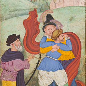 Europeans Embracing, c. 1590 (opaque watercolour, gold, and ink on paper)