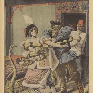 A female snake charmer attacked by a boa constrictor in Alexandria (colour litho)