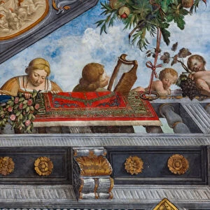 Gentlewoman wearing a yellow dress and a child holding a harpsichord, Hall of the Treasure, vault of Hall of the Treasure (fresco) (detail of 3707463)